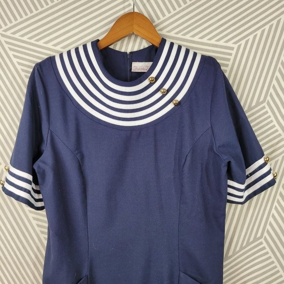 Vintage 90s Sailor Shirt Dress Size 12 Midi Navy Blue Embroidered Stripe Sheath - Picture 2 of 7
